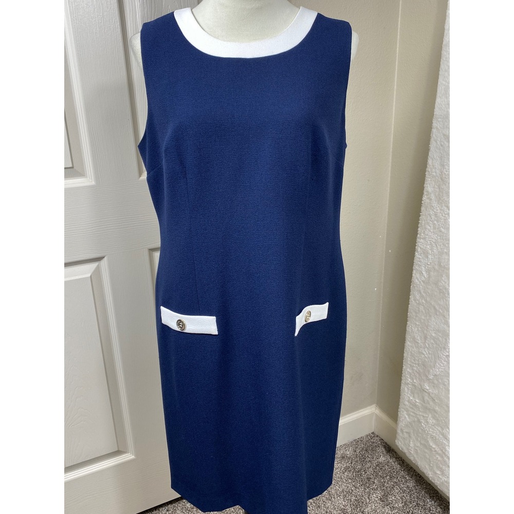 Karl Lagerfeld Sheath Dress Sleeveless White Trim Pockets‎ Career Navy 12